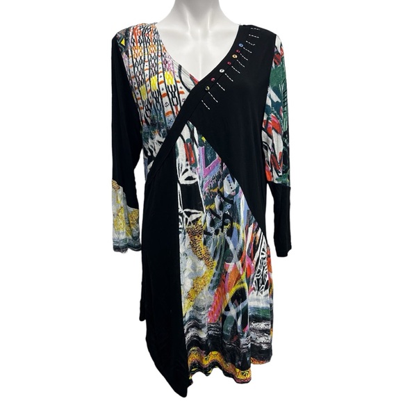 Parsley & Sage Abstract Jersey Panel Patchwork Art V-Neck Long Sleeve Tunic Top - Picture 9 of 9